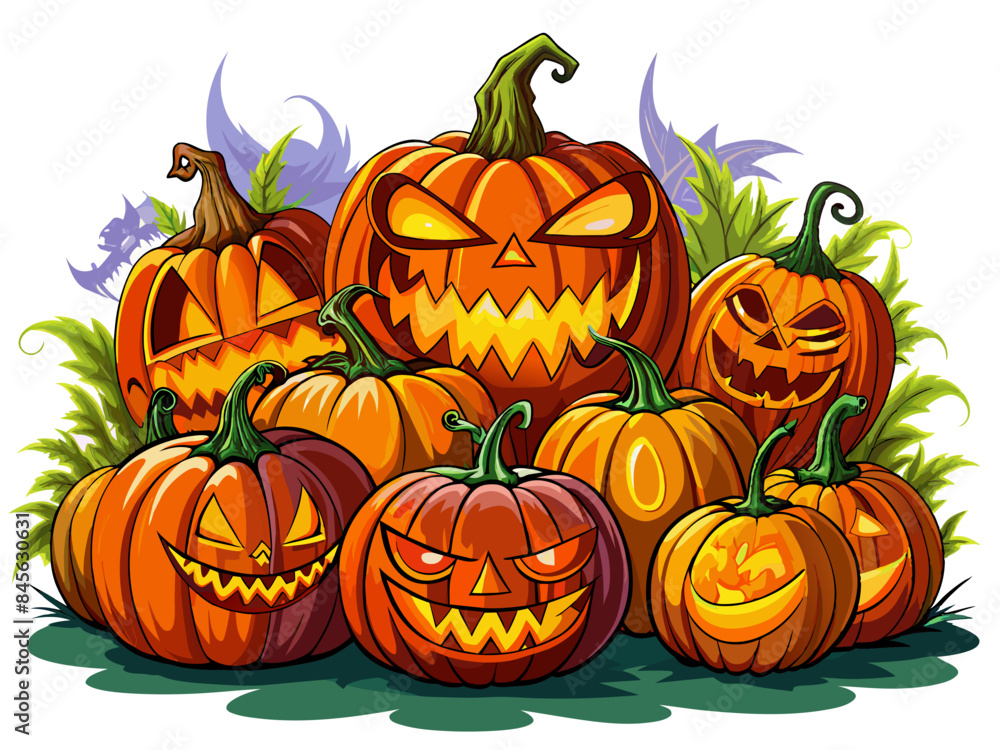 A collection of lit spooky halloween pumpkins. A collection of lit spooky halloween pumpkins.