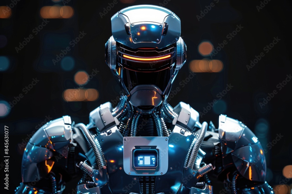 A robot with a glowing face stands in front of a black background A robot with a glowing face stands in front of a black background