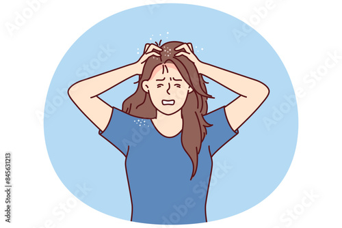 Woman suffers from itchy head after fungal infection and dandruff associated with poor-quality hair shampoo. Girl needs trip to dermatologist and use of new hygiene products or medicines for dandruff