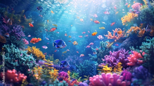 Immerse yourself in the breathtaking underwater spectacle  where a kaleidoscope of colorful tropical fish thrives in harmony with the coral reef  offering a captivating glimpse into marine life