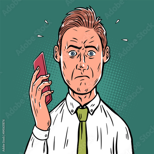 A man in a tie is shocked by a phone call. Surprise and bewilderment on the face. Problems at work. Boss reprimand. Cartoon vector illustration in pop art style. Hand drawn outline