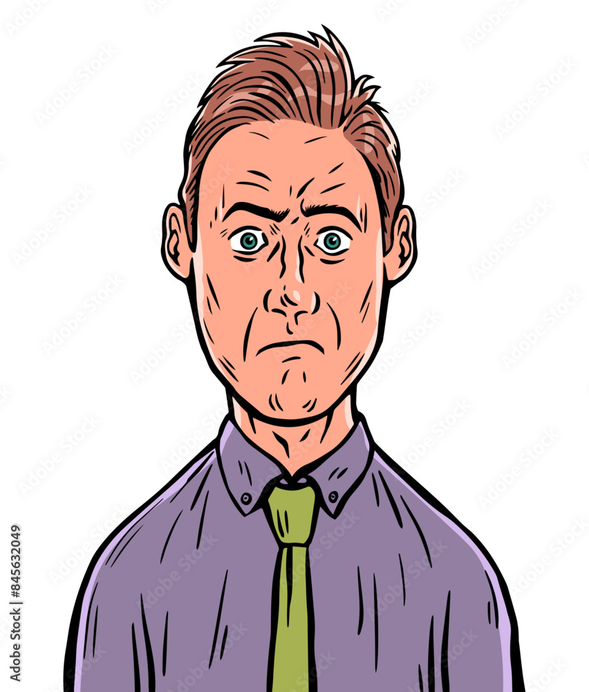 Man in tie is shocked. Surprise and bewilderment on the face. Problems at work. Boss reprimand. Cartoon vector illustration isolated on white background. Pop art style. Hand drawn outline Man in tie is shocked. Surprise and bewilderment on the face. Problems at work. Boss reprimand. Cartoon vector illustration isolated on white background. Pop art style. Hand drawn outline
