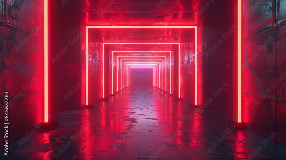 A long red hallway with neon lights A long red hallway with neon lights