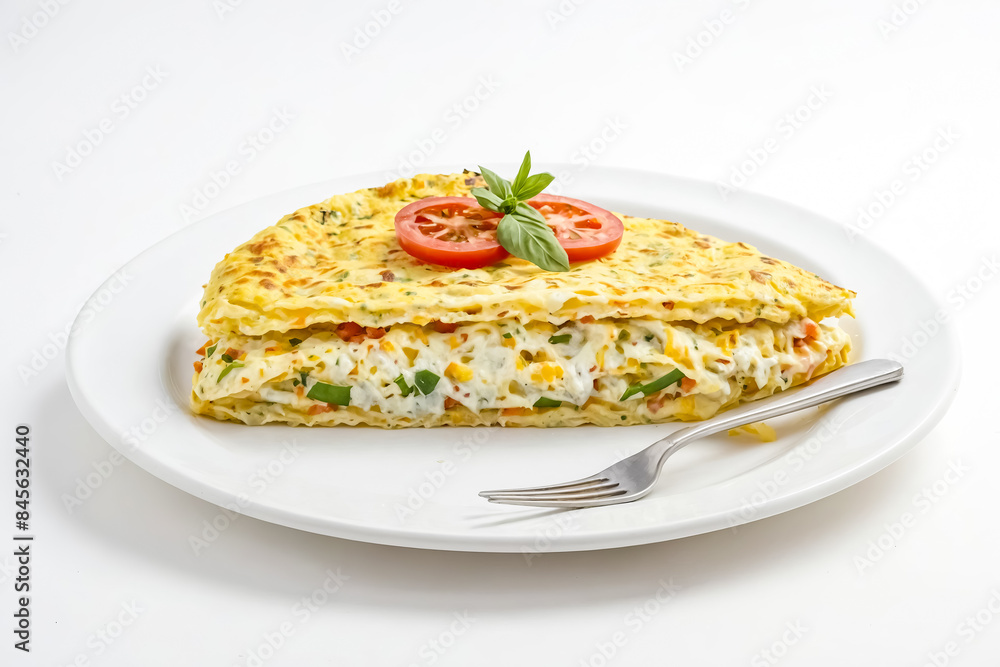Delicious Savory Omelette with Vegetables and Tomatoes on a White Plate Delicious Savory Omelette with Vegetables and Tomatoes on a White Plate