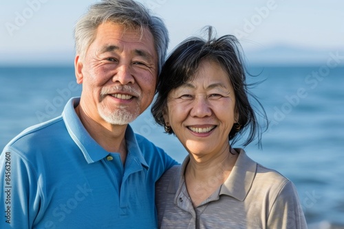 Portrait of a glad asian couple in their 60s wearing a sporty polo shirt isolated on serene seaside background © Markus Schröder