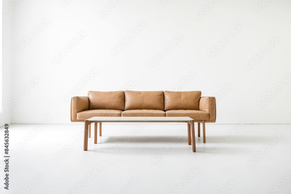 Brown Leather Sofa and Coffee Table in a White Room Brown Leather Sofa and Coffee Table in a White Room
