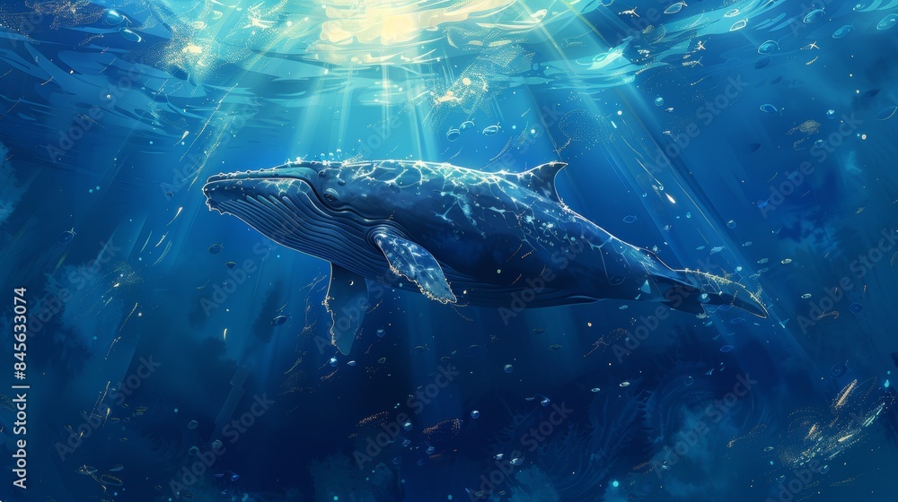 Fototapeta premium Majestic Blue Whale Swimming in Sunlit Ocean Depths. A breathtaking depiction of a giant blue whale gliding gracefully through deep blue ocean waters, illuminated by rays of sunlight from above.