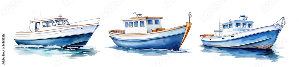 Naklejka premium Blue fishing boat watercolor png element set on transparent background