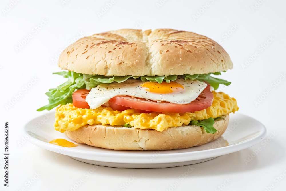 Delicious Scrambled Egg Burger With Fried Egg and Tomato Delicious Scrambled Egg Burger With Fried Egg and Tomato