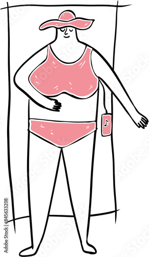 Summer beach. Hand drawn set simple icons with summer elements. Vector Illustration. Line art doodle style isolated on white background woman listening to music 
