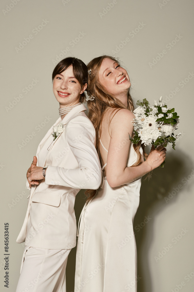 A lesbian couple, dressed in white attire, smiles for a photo on their wedding day. A lesbian couple, dressed in white attire, smiles for a photo on their wedding day.