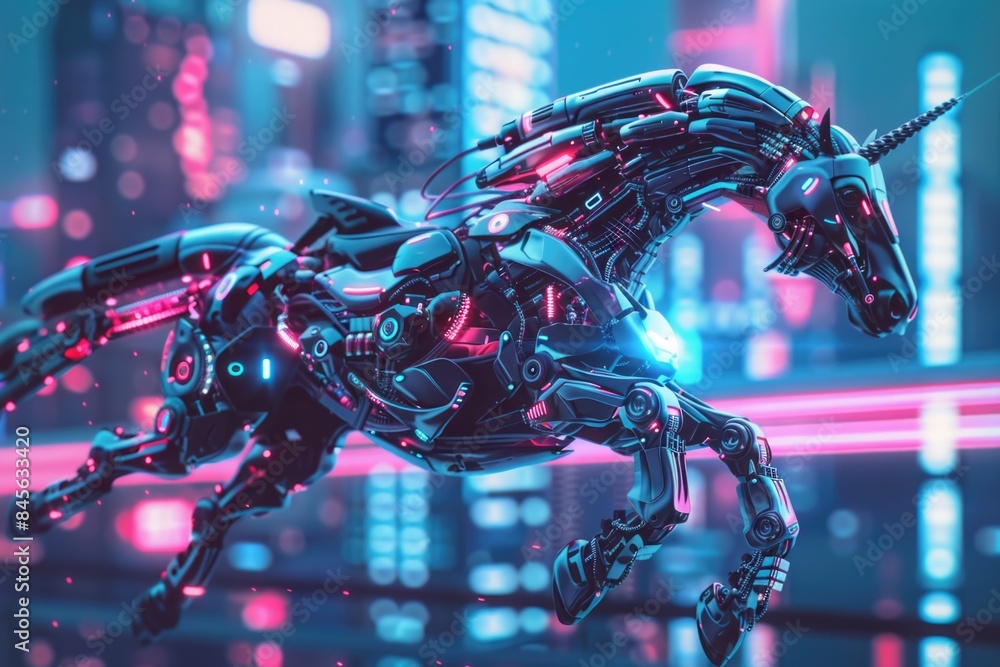 A robot horse is flying through a city with neon lights A robot horse is flying through a city with neon lights