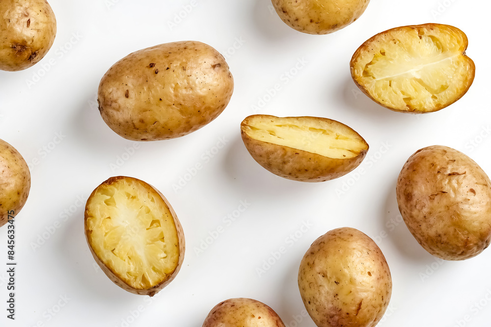 Fototapeta premium Close up of whole and halved potatoes on white background