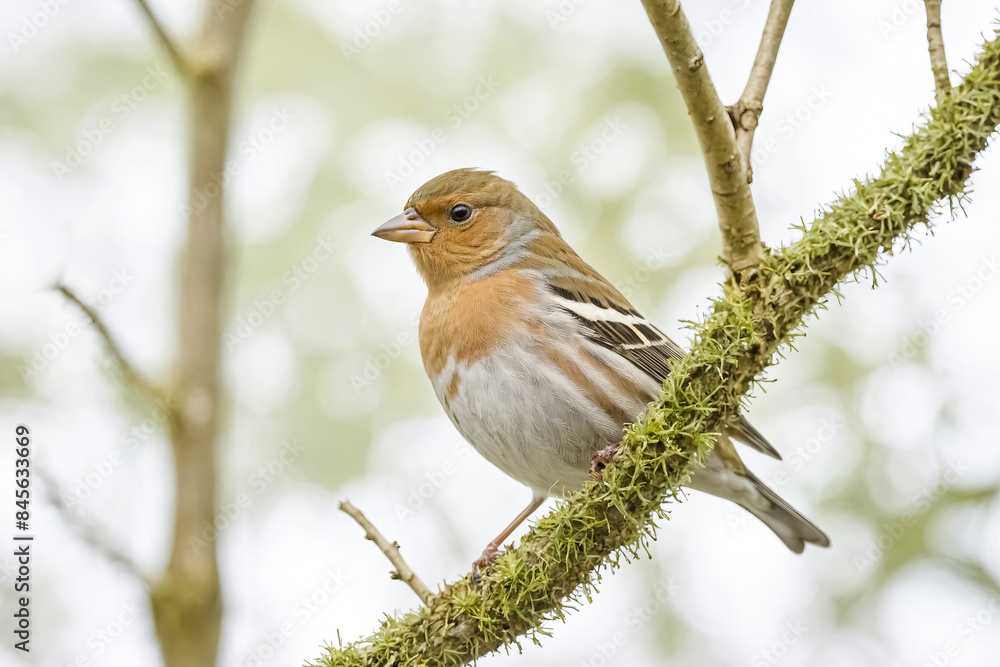 Chaffinch perched on a mossy branch Chaffinch perched on a mossy branch