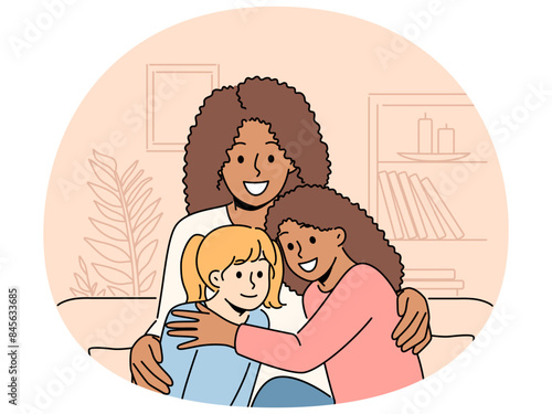 Smiling African American woman sit on couch with multiracial daughters. Happy black mother with multiethnic kids. Concept of adoption. Vector illustration.