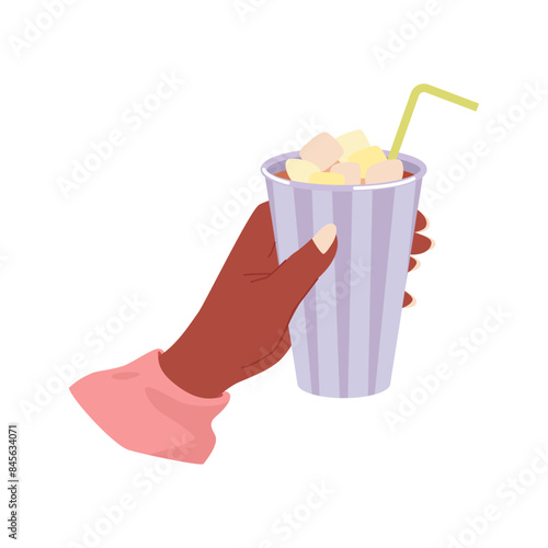 Hot drink with marshmallow. Take away warm beverage, hot coffee or tea cartoon vector illustration photo
