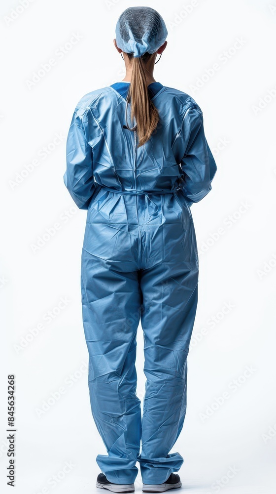 A woman in a blue jumpsuit with a white bandana on her head A woman in a blue jumpsuit with a white bandana on her head