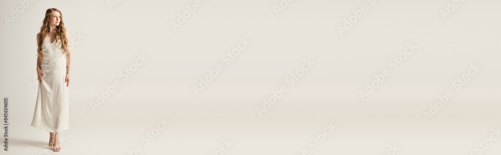 A beautiful young bride stands in a flowing white wedding gown against a clean white background, capturing the essence of bridal fashion. A beautiful young bride stands in a flowing white wedding gown against a clean white background, capturing the essence of bridal fashion.