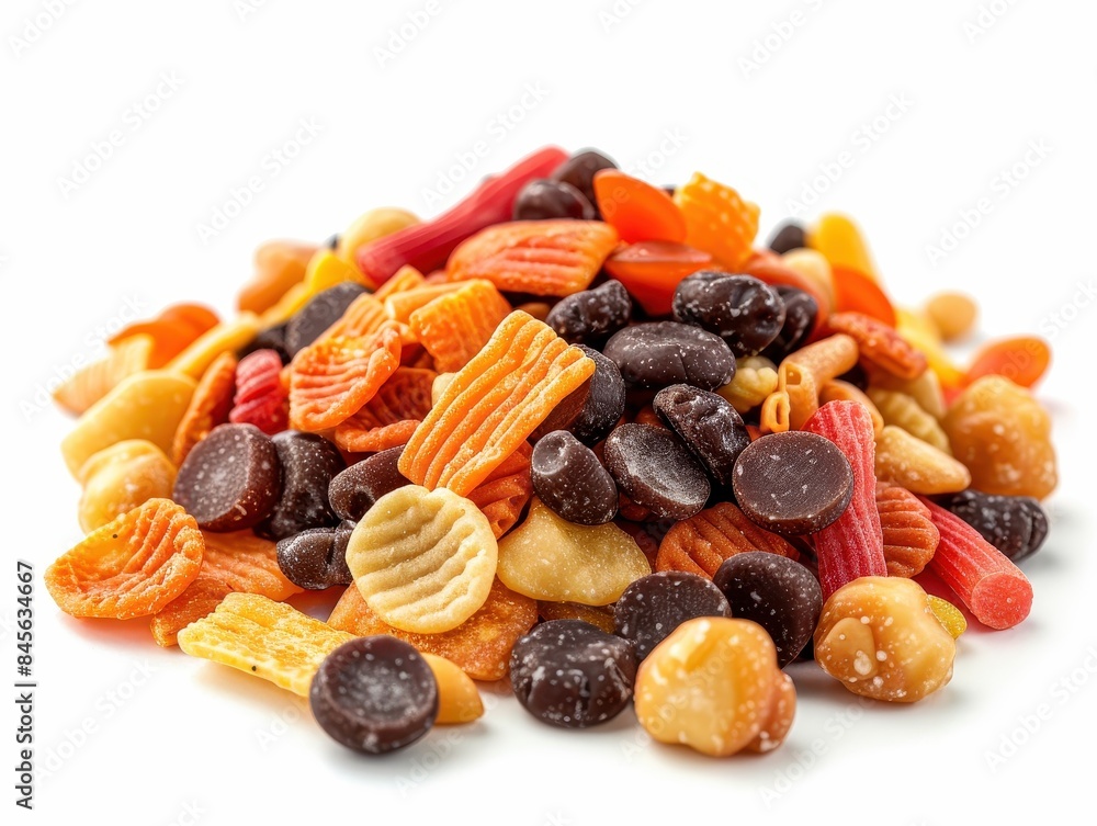 A pile of assorted snacks including nuts, chocolate, and other items A pile of assorted snacks including nuts, chocolate, and other items