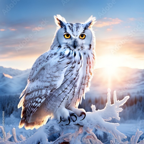 White owl perching stoically on a frost covered branch backlit by the pale wintry sun frozen lands