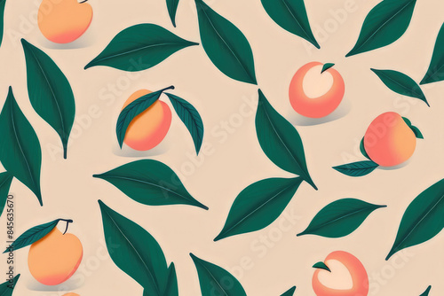 Juicy ripe flying peach fruits and green leaves isolated on pastel beige background.