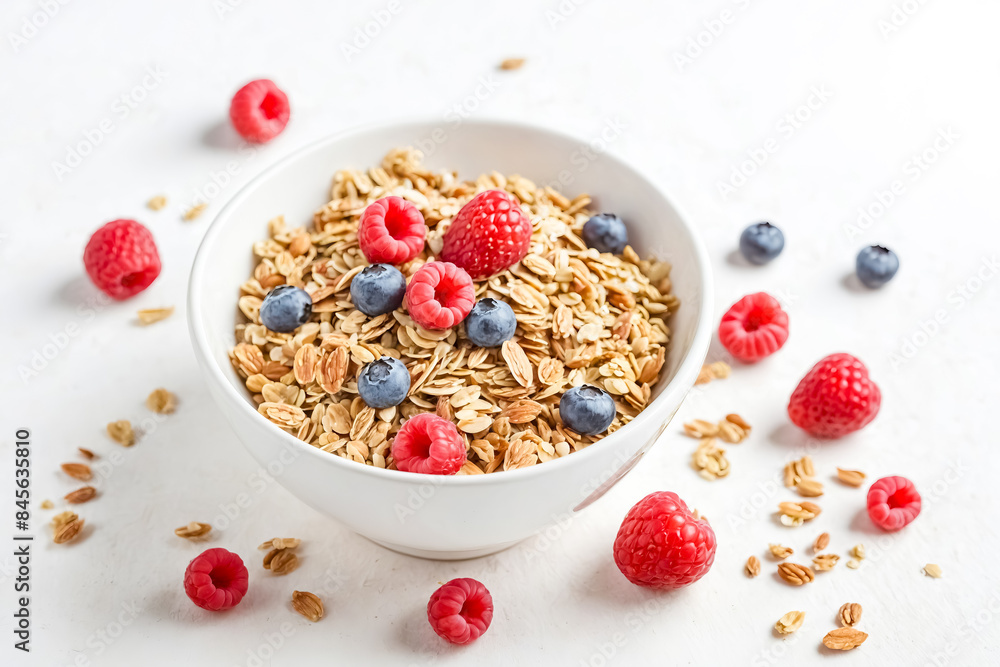Granola with Berries in a White Bowl Granola with Berries in a White Bowl
