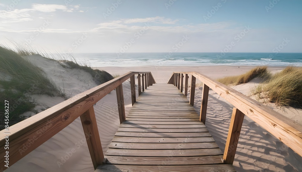 wooden way to the romantic beach at the sea with dunes and waves wooden way to the romantic beach at the sea with dunes and waves