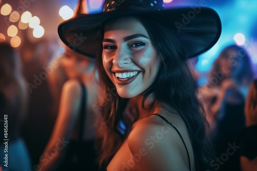 Joyful Woman in Hat Enjoying Nightclub Party Atmosphere, Enigmatic Witch in Misty Forest - Mysterious, Magical Portrait, WitchHalloween Horror Concept photo
