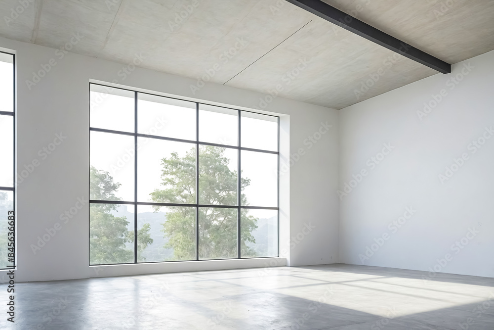 Fototapeta premium Modern Empty Room with Large Windows and Concrete Ceiling