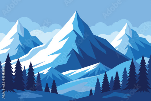 Beautiful winter mountains. Amazing landscape of high mountains  snow capped peaks against the backdrop of silhouettes of a coniferous forest in snowy weather vector illustration