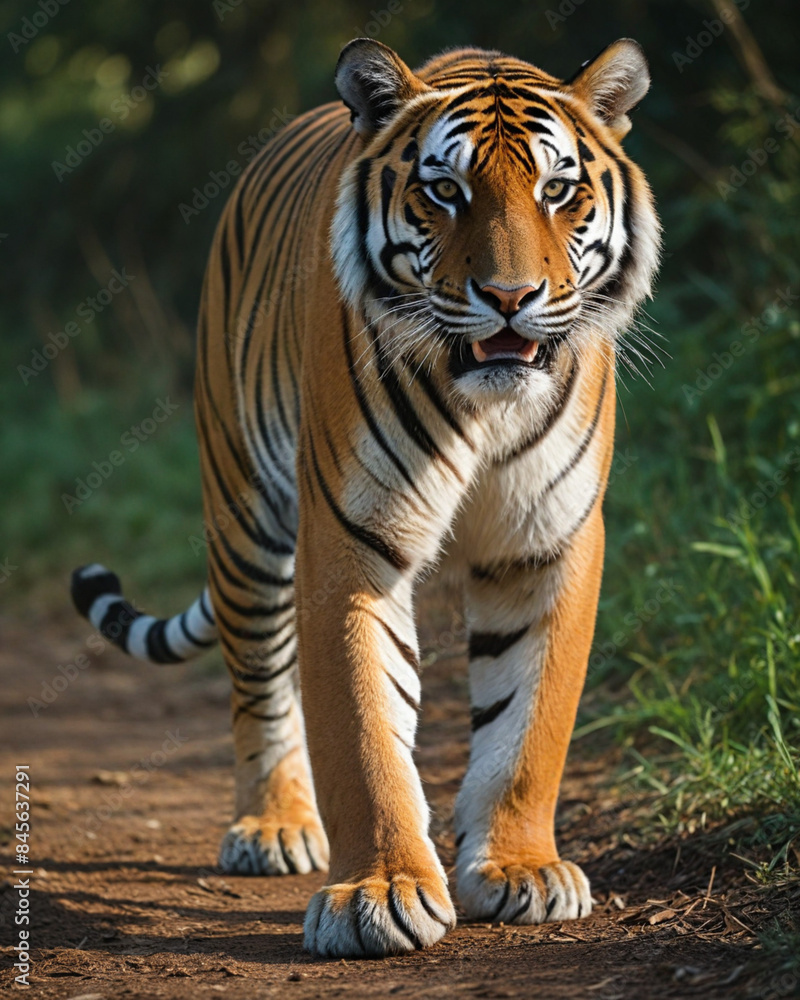 Fototapeta premium Majestic Bengal tiger walking in the wild staring with aggression generated by artificial intelligence. 