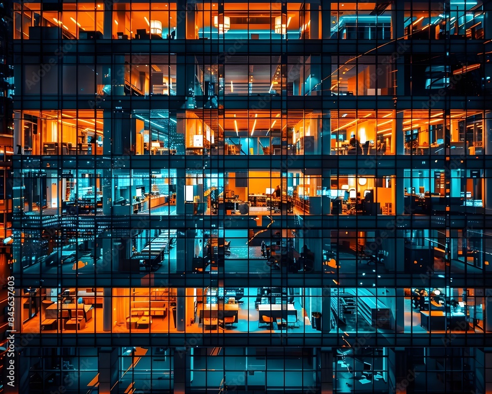 Illuminated High Rise Office Building Bustling with Nighttime Activity Illuminated High Rise Office Building Bustling with Nighttime Activity