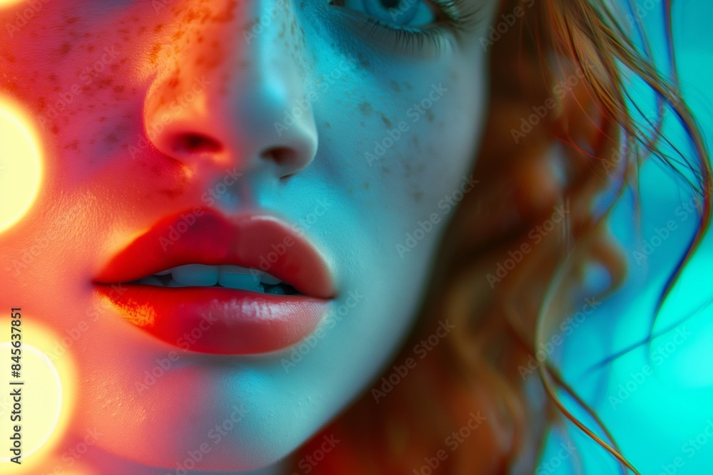 Close-Up Portrait of Woman with Vivid Blue and Orange Lighting Close-Up Portrait of Woman with Vivid Blue and Orange Lighting
