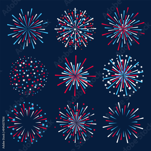 Set of fireworks elements on night background for Independence day holiday design