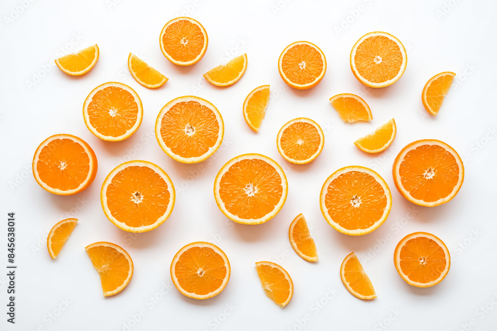 Fresh Orange Halves and Slices on White Background Fresh Orange Halves and Slices on White Background