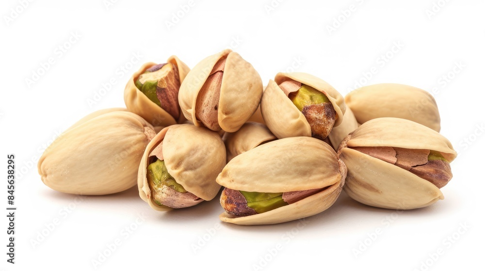Pistachios in shell roasted and salted set against a white backdrop Pistachios in shell roasted and salted set against a white backdrop