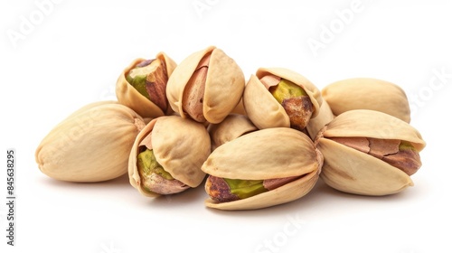 Pistachios in shell roasted and salted set against a white backdrop