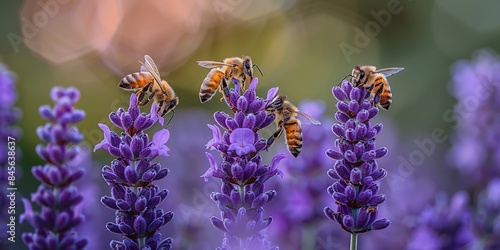 Fototapeta Naklejka Na Ścianę i Meble -  Four bees collecting pollen from vibrant purple lavender flowers in a summer garden.