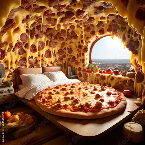 Bed room made with pizza,loaded cheese,bell peppers and vegetables photo