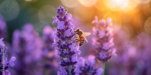 A bee diligently collects pollen from a vibrant lavender flower  bathed in the warm glow of the setting sun. The blurred background evokes a sense of tranquility and highlights the beauty of nature.