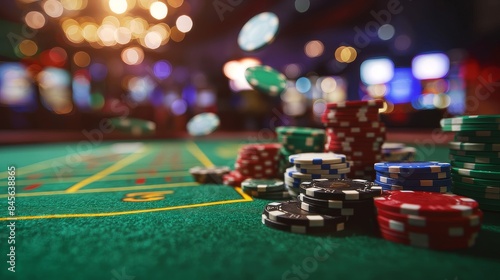 Casino Table With Stacks of Poker Chips and a Blurry Background