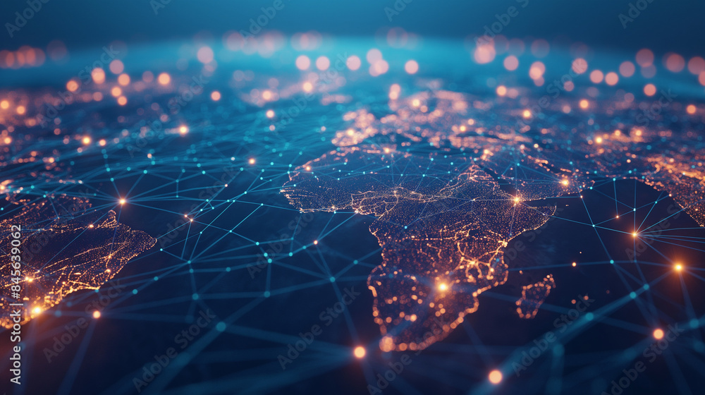 Global Digital Network Map with Connected Data Points and Glowing Links Global Digital Network Map with Connected Data Points and Glowing Links
