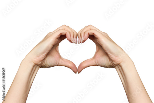 Women s hands show a sign in the shape of a heart  isolated on a white background. Expression of feelings and emotions. Love declaration concept with copy space. Gestures and symbols  gratitude