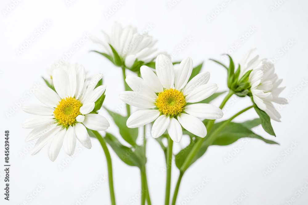 Fototapeta premium White Daisies with Green Stems on White Background