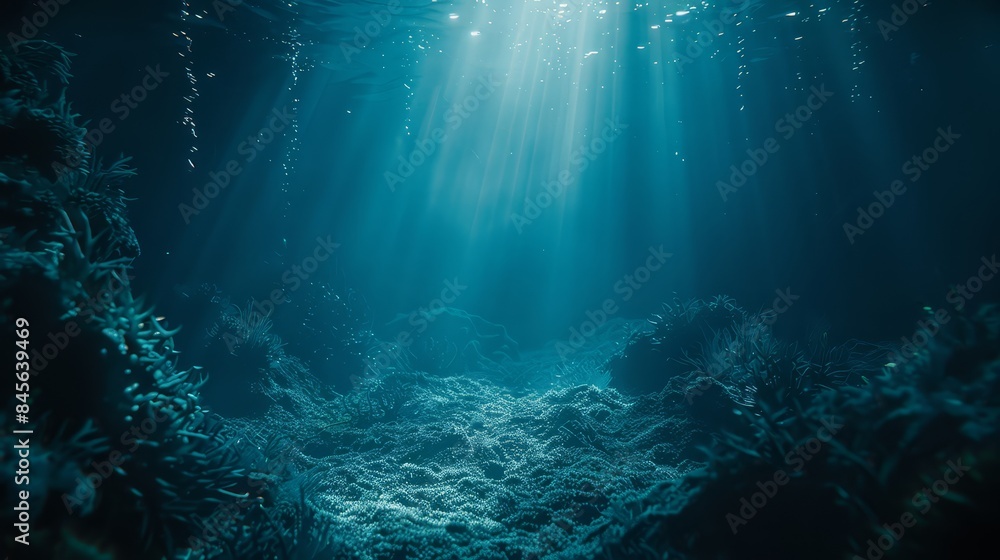 Serene underwater scene with sunbeams piercing the deep turquoise water. Rays of light create a calm and tranquil seascape, with ripples and bubbles, beauty of the aquatic environment. Serene underwater scene with sunbeams piercing the deep turquoise water. Rays of light create a calm and tranquil seascape, with ripples and bubbles, beauty of the aquatic environment.