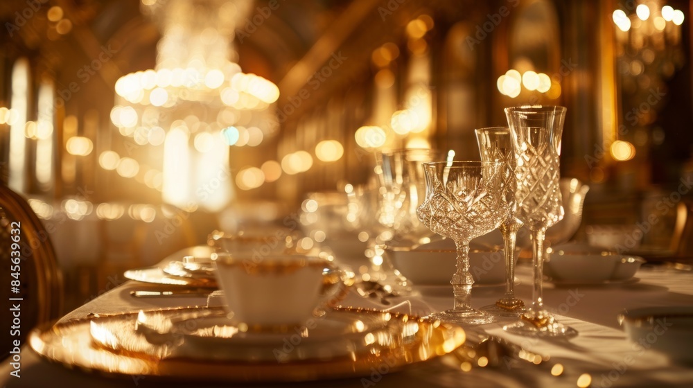 A fancy dinner table with a lot of glasses and plates, AI A fancy dinner table with a lot of glasses and plates, AI