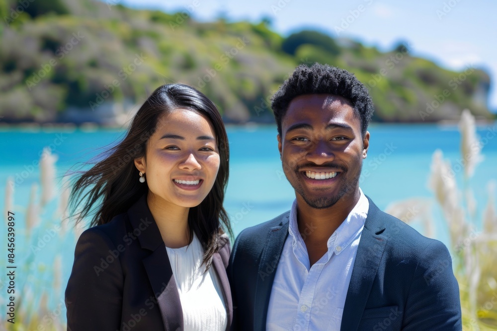 Portrait of a merry multiethnic couple in their 20s wearing a professional suit jacket on beautiful lagoon background Portrait of a merry multiethnic couple in their 20s wearing a professional suit jacket on beautiful lagoon background