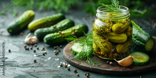 Homemade pickled cucumbers in jar. Canning vegetables. Preparations for the winter.
