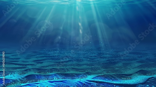 Sunlit underwater paradise with beams of light piercing the serene blue depths. Calm waves and ripples on the ocean floor enhance, ethereal beauty, creating a peaceful and relaxing marine landscape.