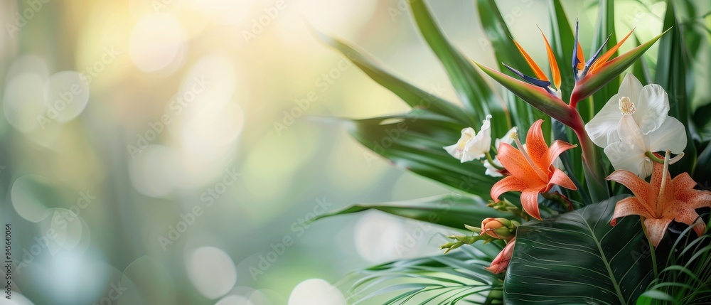 Bright, clear tropical floral arrangement with exotic flowers like orchids and birds of paradise, minimalistic shapes with space for text Bright, clear tropical floral arrangement with exotic flowers like orchids and birds of paradise, minimalistic shapes with space for text